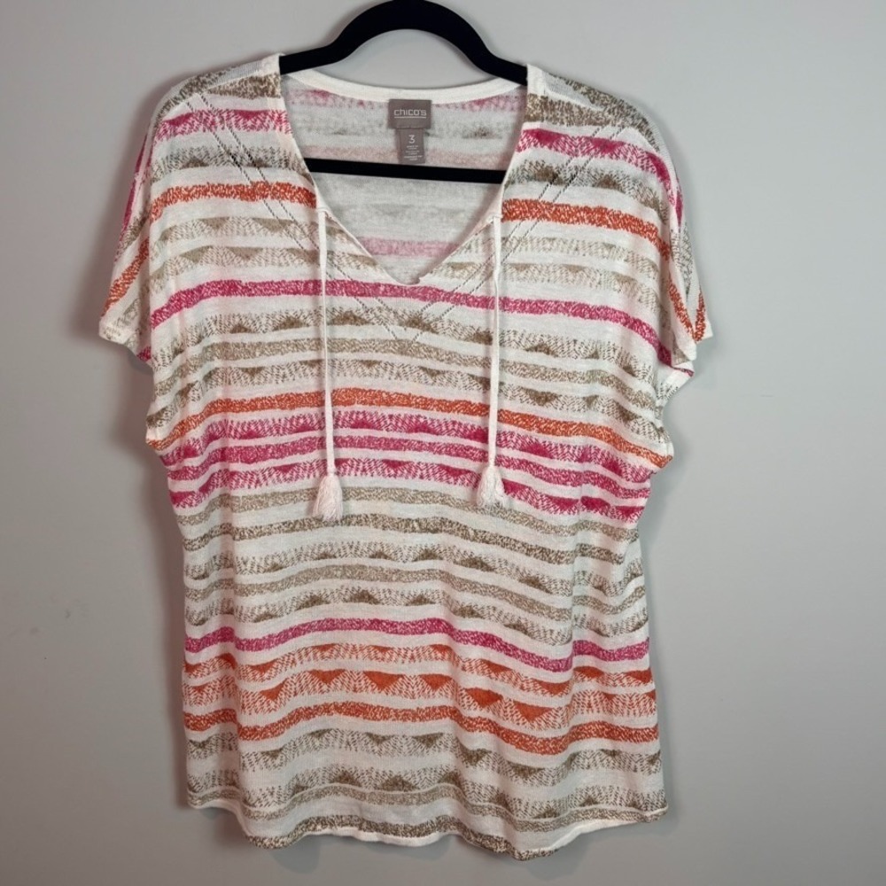 Chico's Womens Pink Striped Tasseled Knit Short Sleeve Top sz 3 /XL Beach Summer